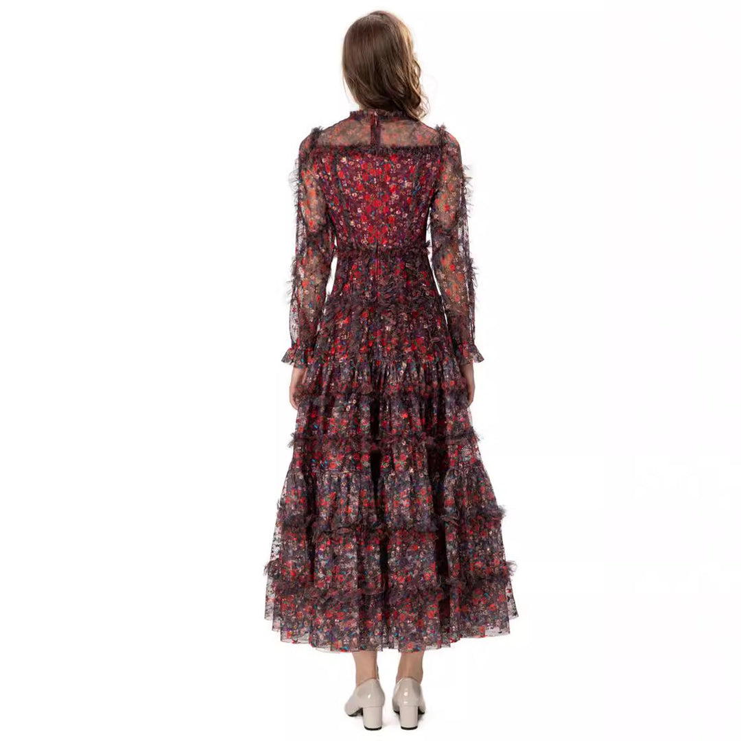 فستان شبكي مزهر متعدد الطبقات بأكمام شفافة – فيفيان