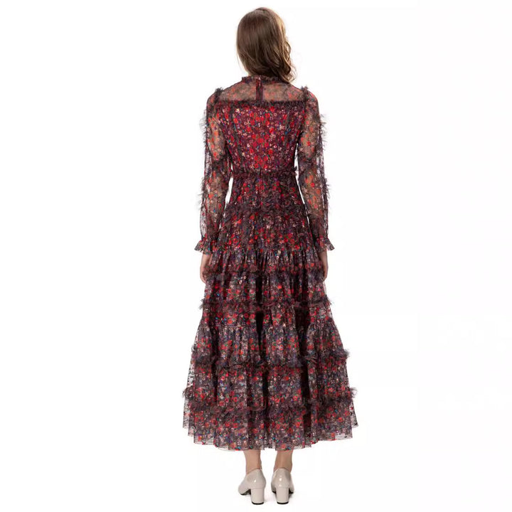 فستان شبكي مزهر متعدد الطبقات بأكمام شفافة – فيفيان