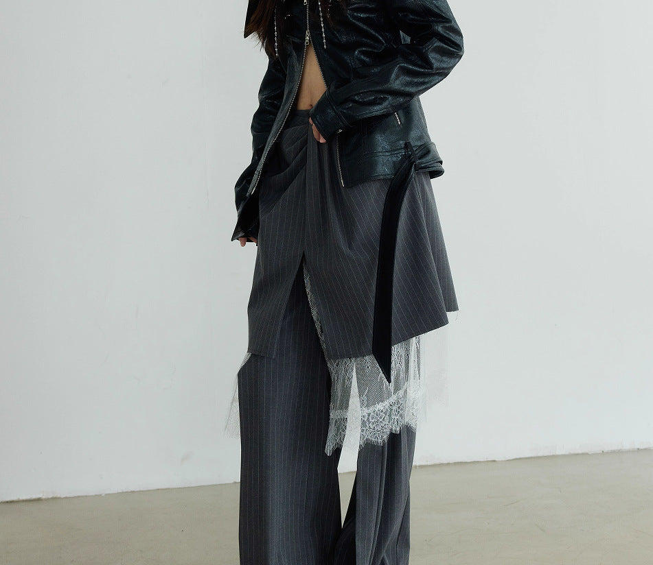 Layered pinstripe wide-leg trousers with lace detail – VELVET