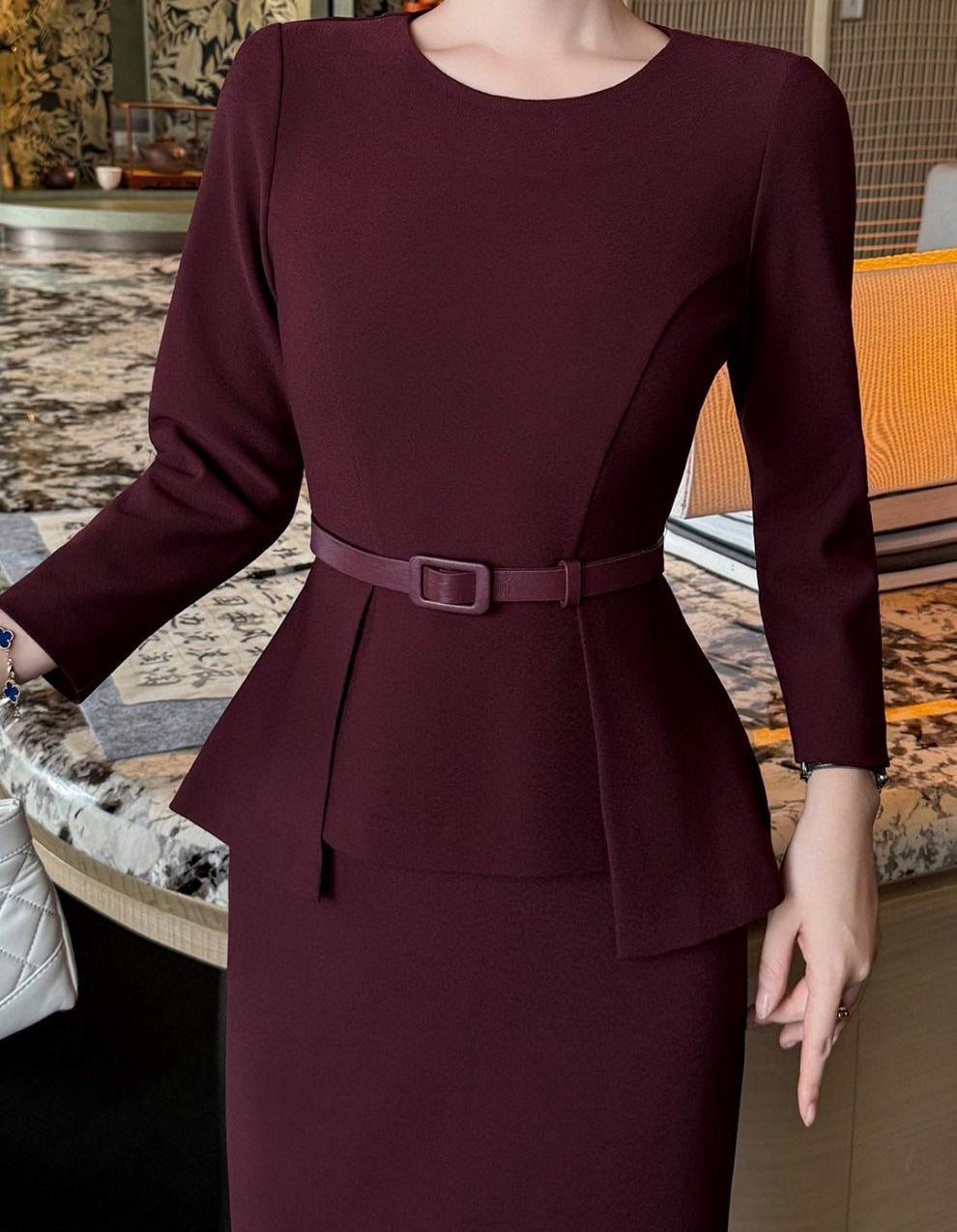 peplum midi dress with belted waist – MAROON
