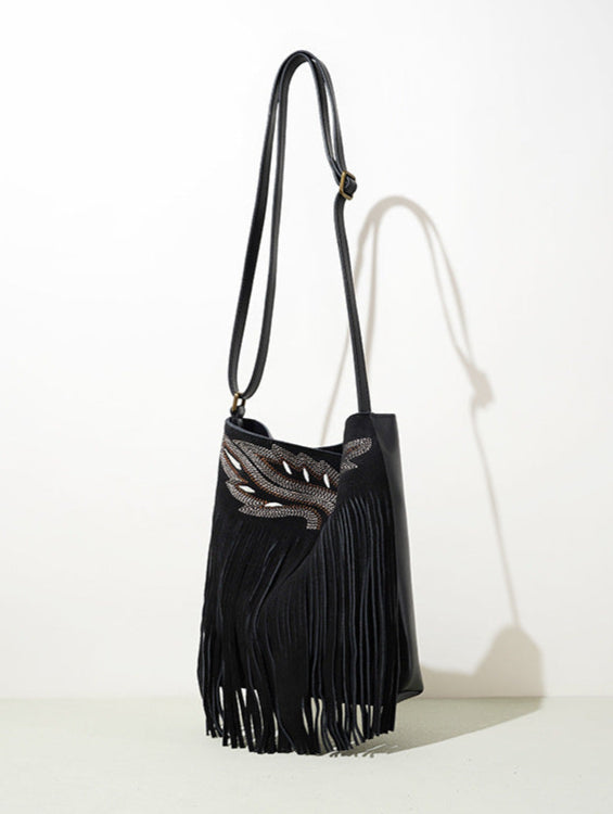 fringed suede shoulder bag with boho details - ZARAXWI