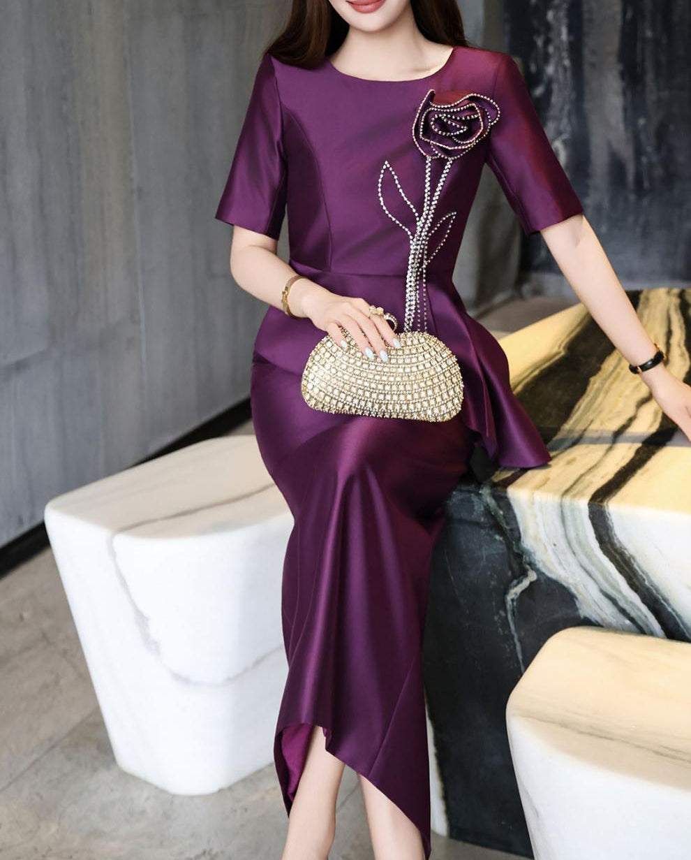 peplum midi dress with beaded floral applique – ASTRID