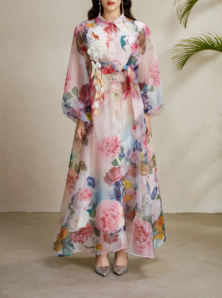 فستان ماكسي من الأورجانزا بنقوش زهور وتطريز ثلاثي الأبعاد - فيورا