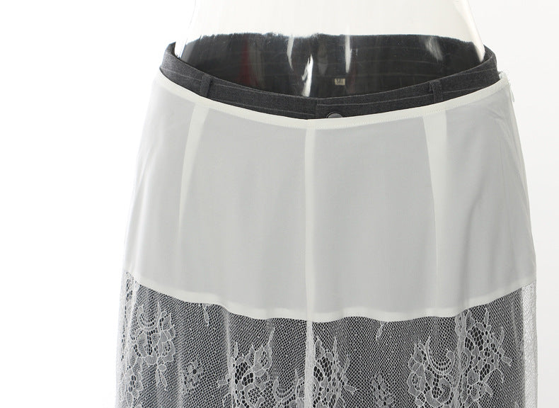 Layered pinstripe wide-leg trousers with lace detail – VELVET