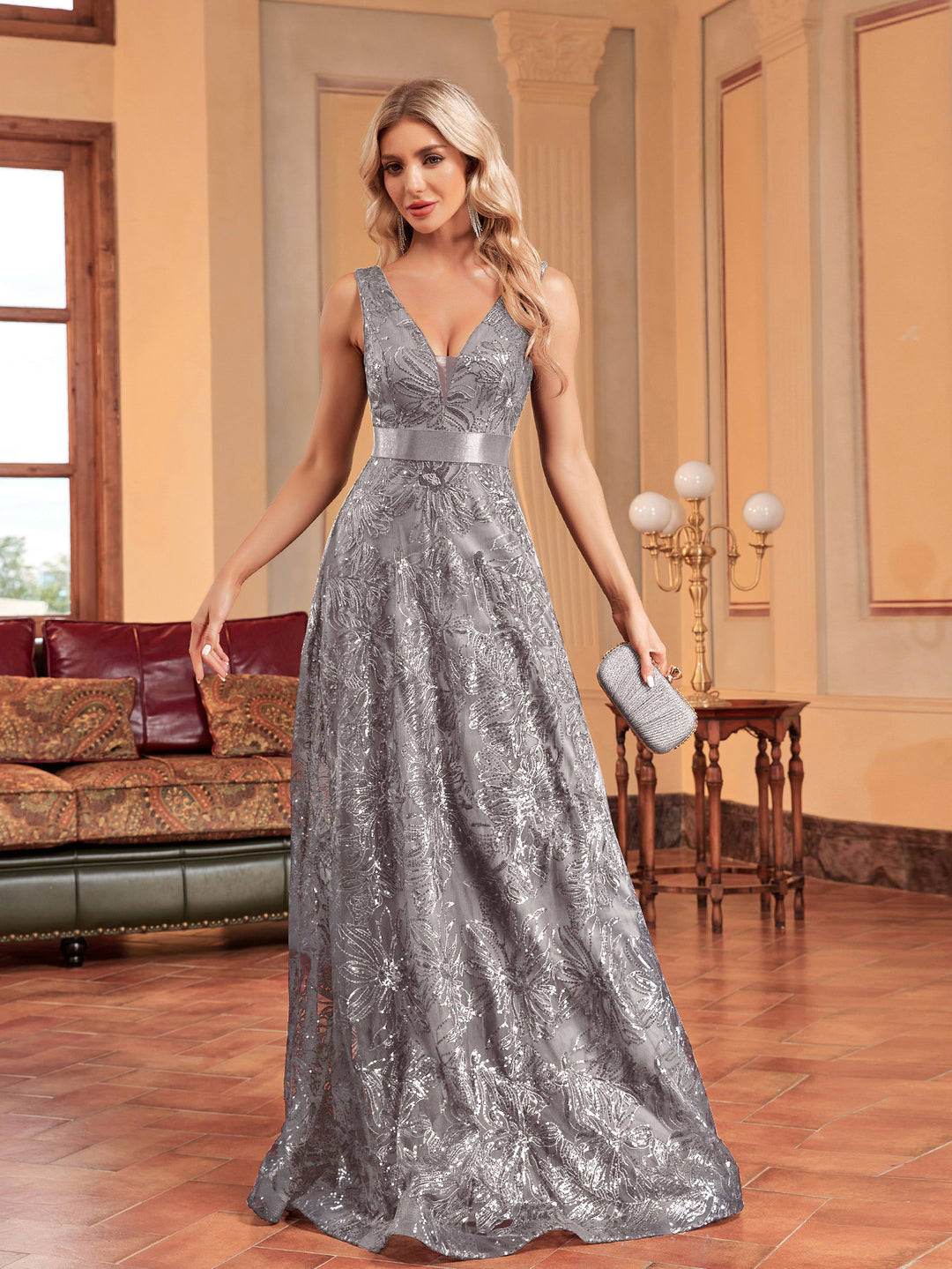 sleeveless V-neck sequin gown with satin waistband – CELESTE