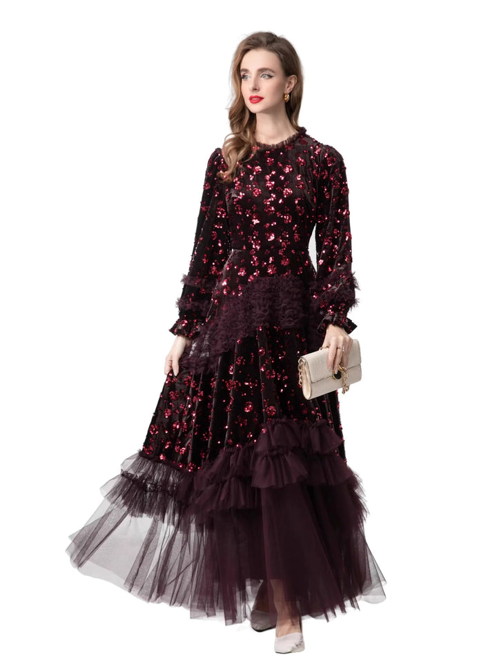 فستان مخملي مزين بالترتر مع حاشية من التول متعدد الطبقات – مارسيلينا