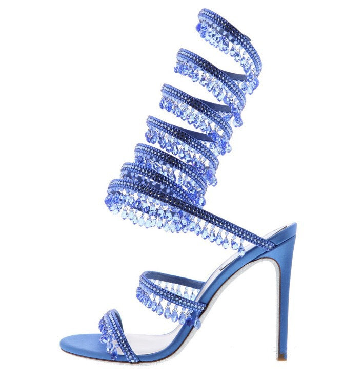 crystal-embellished spiral heel sandals – AZURE
