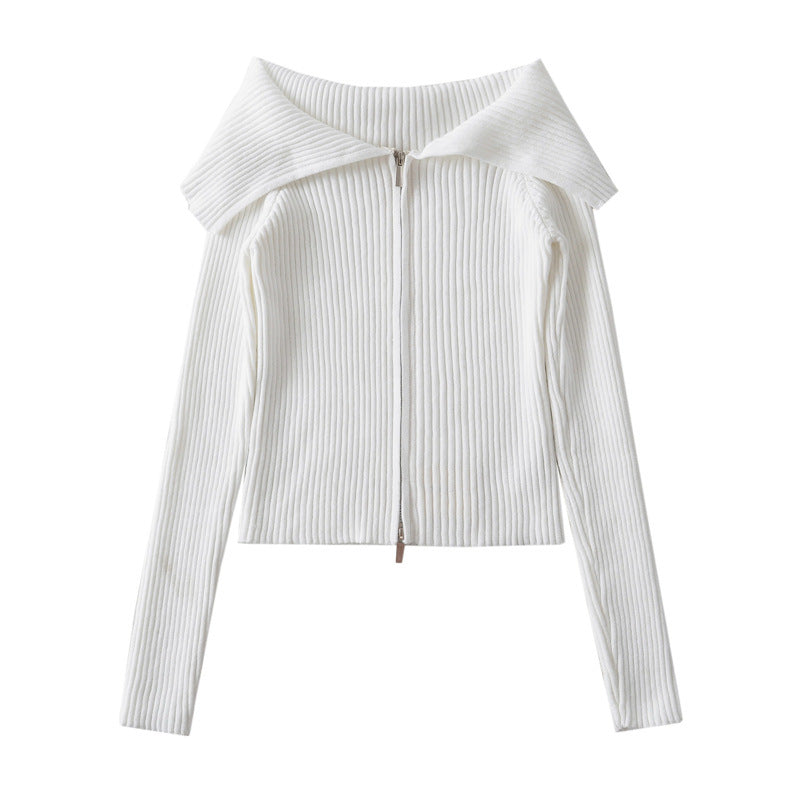 جاكيت محبوك مضلع مكشوف الكتفين بسحاب أمامي – ليكساني