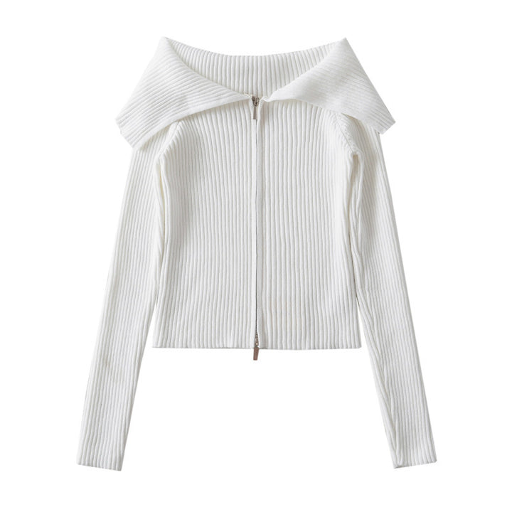 جاكيت محبوك مضلع مكشوف الكتفين بسحاب أمامي – ليكساني