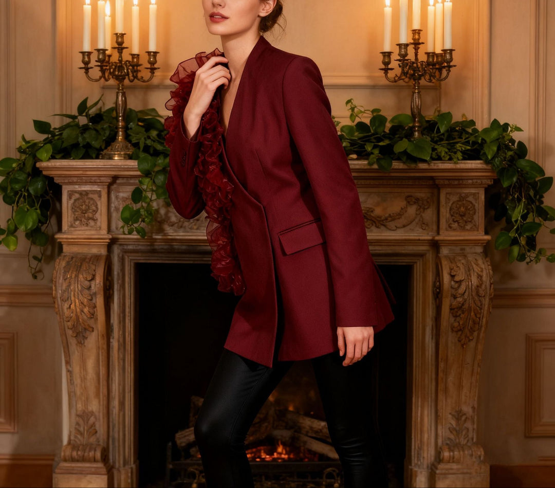 tailored blazer dress with dramatic organza ruffle detail – SCARLET