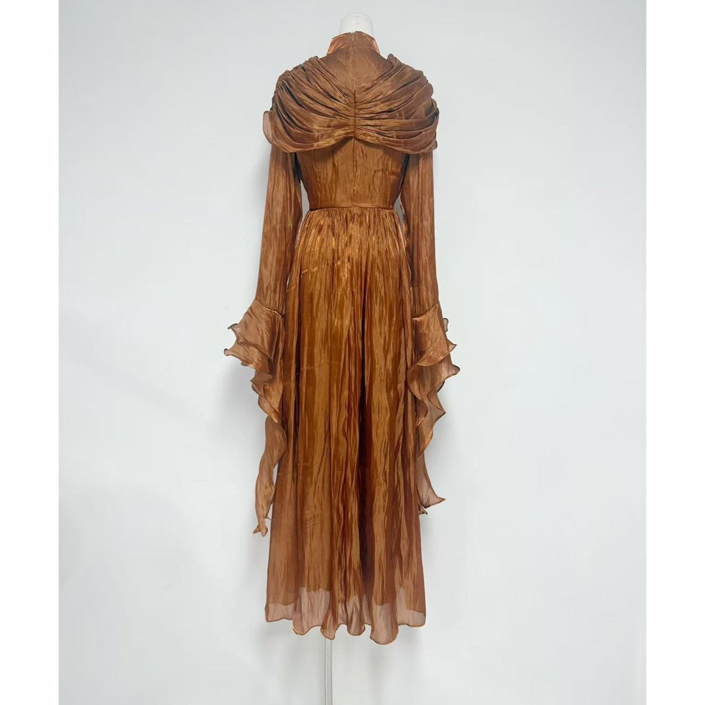 Plissiertes Oberteil mit ausgestellten Ärmeln und Maxirock-Set mit Taillengürtel – Rosiny 