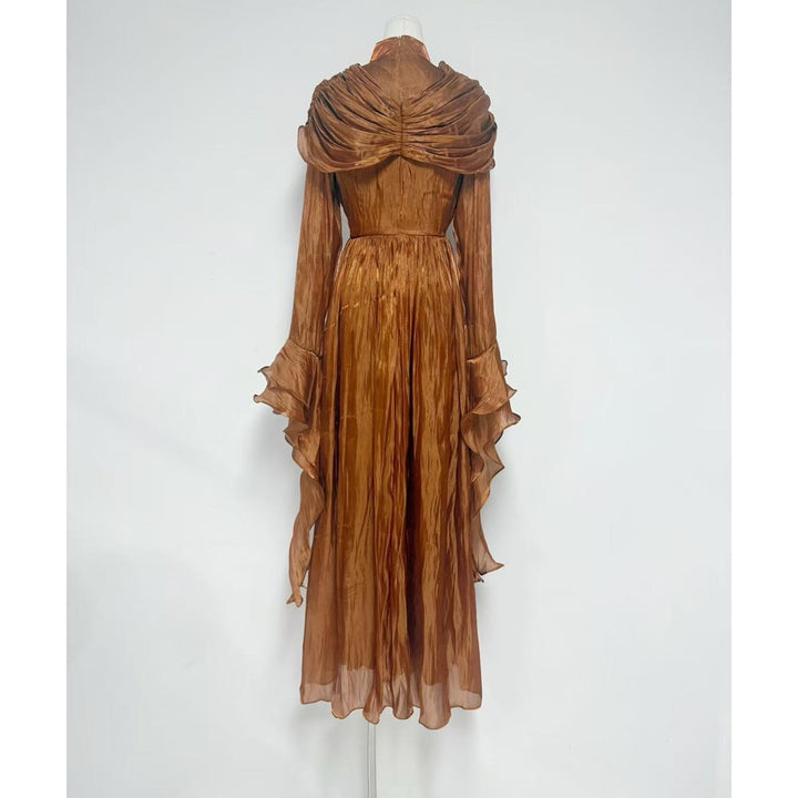 Plissiertes Oberteil mit ausgestellten Ärmeln und Maxirock-Set mit Taillengürtel – Rosiny 