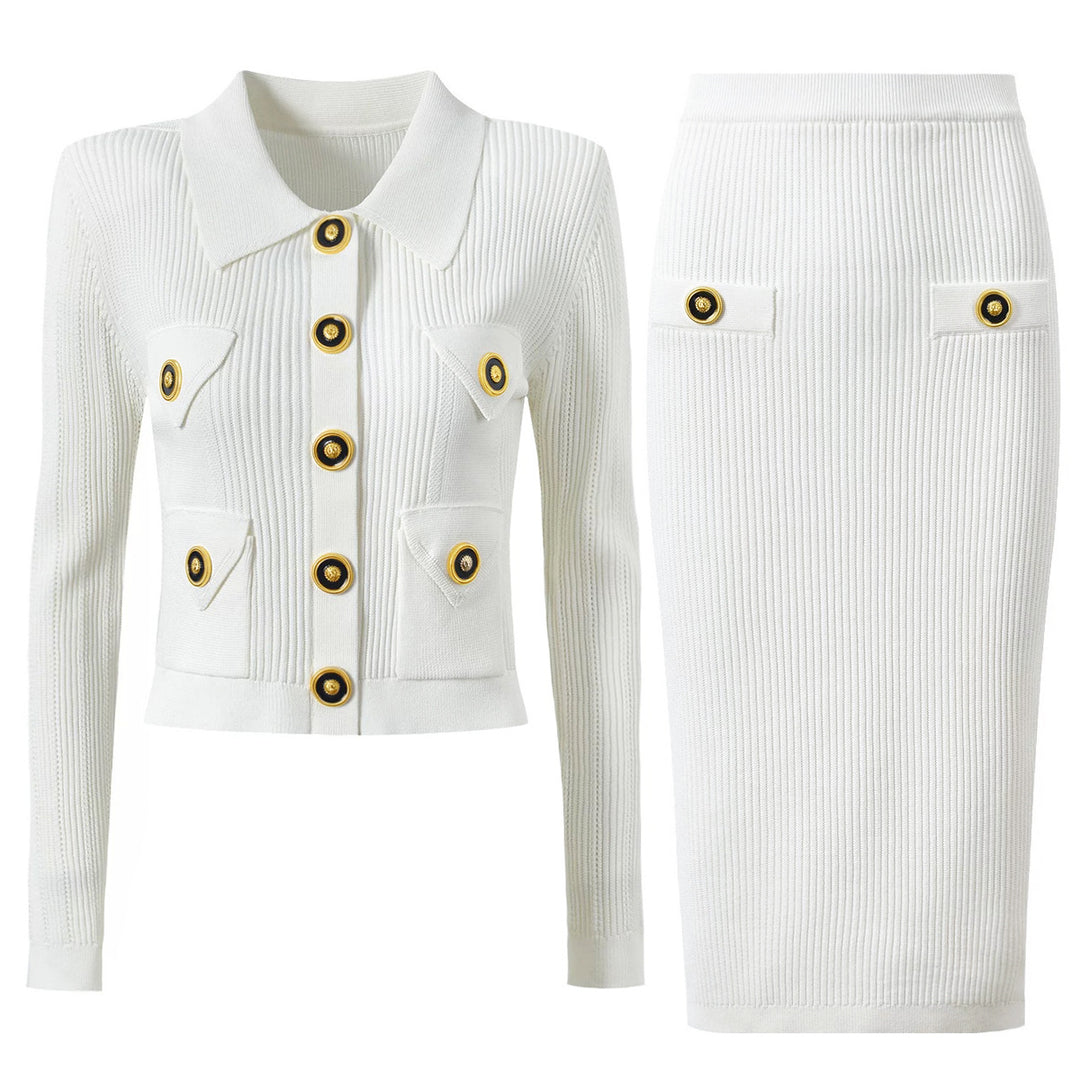 ribbed knit skirt set with gold button detail - AURELIAMI