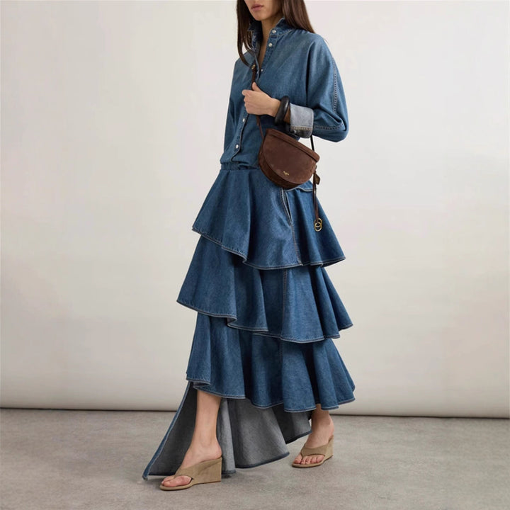 Haut à manches évasées plissées et ensemble jupe longue avec ceinture à la taille – Rosiny 