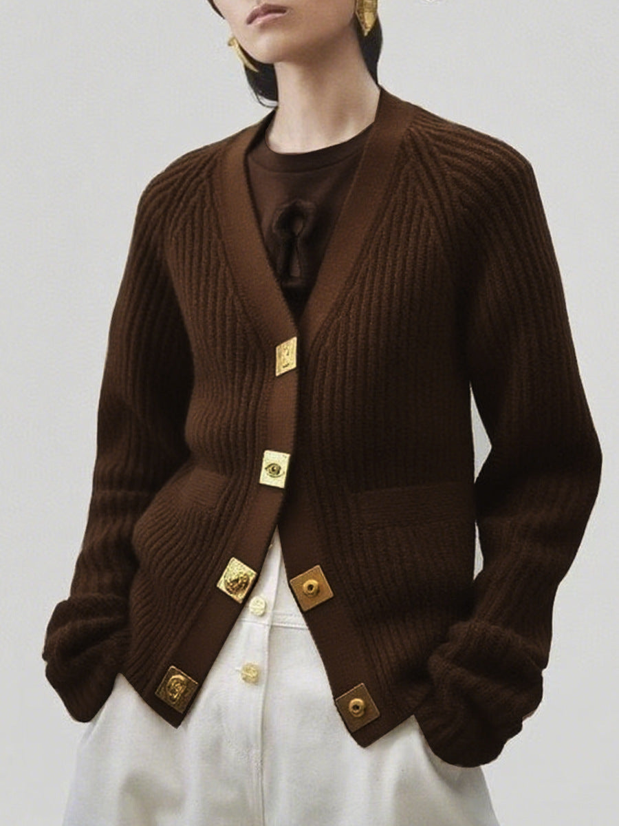 ribbed knit cardigan with gold buttons – COCOA
