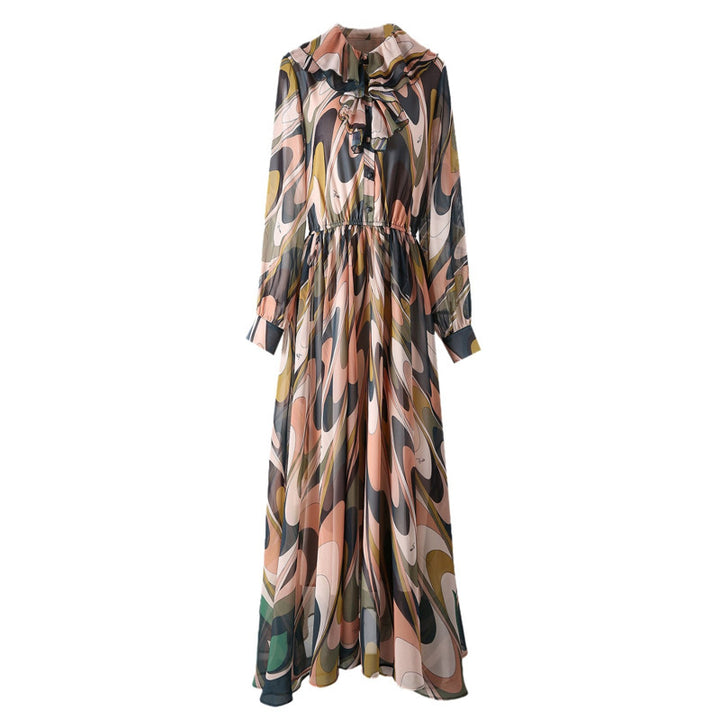 فستان ماكسي شيفون مطبوع مع رقبة مكشكشة – إيلورا