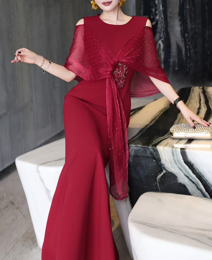 فستان مفتوح من الأمام بكتف مكشوف مع لفافة مزخرفة – روزابيلا