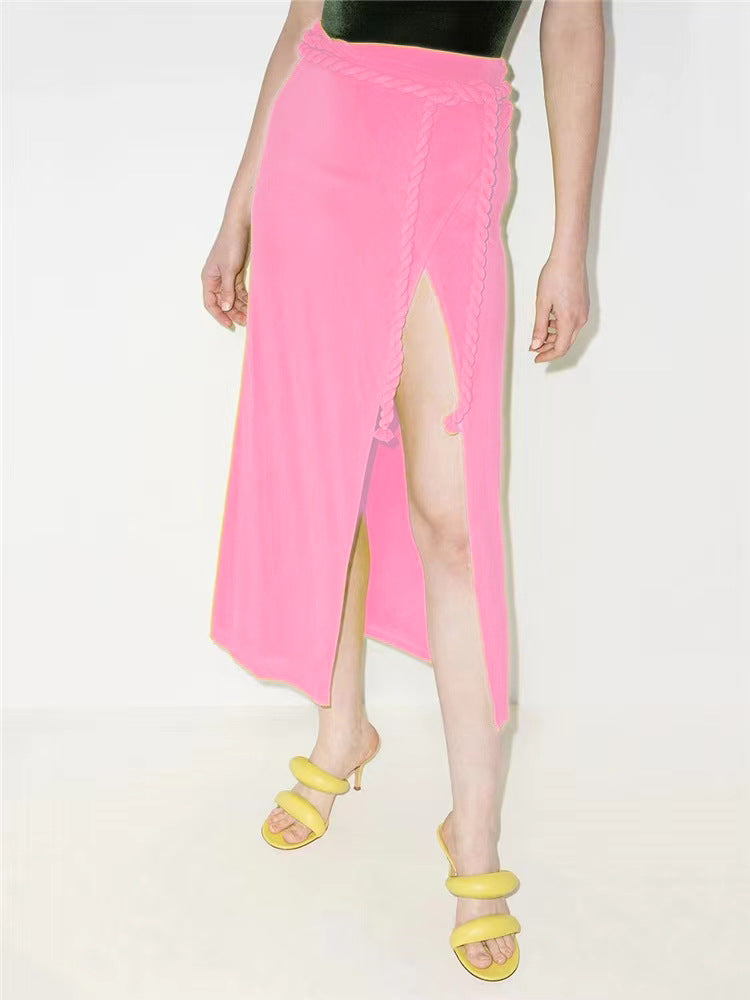 long-sleeve wrap crop top & slit midi skirt set with rope belt – ZYRADY