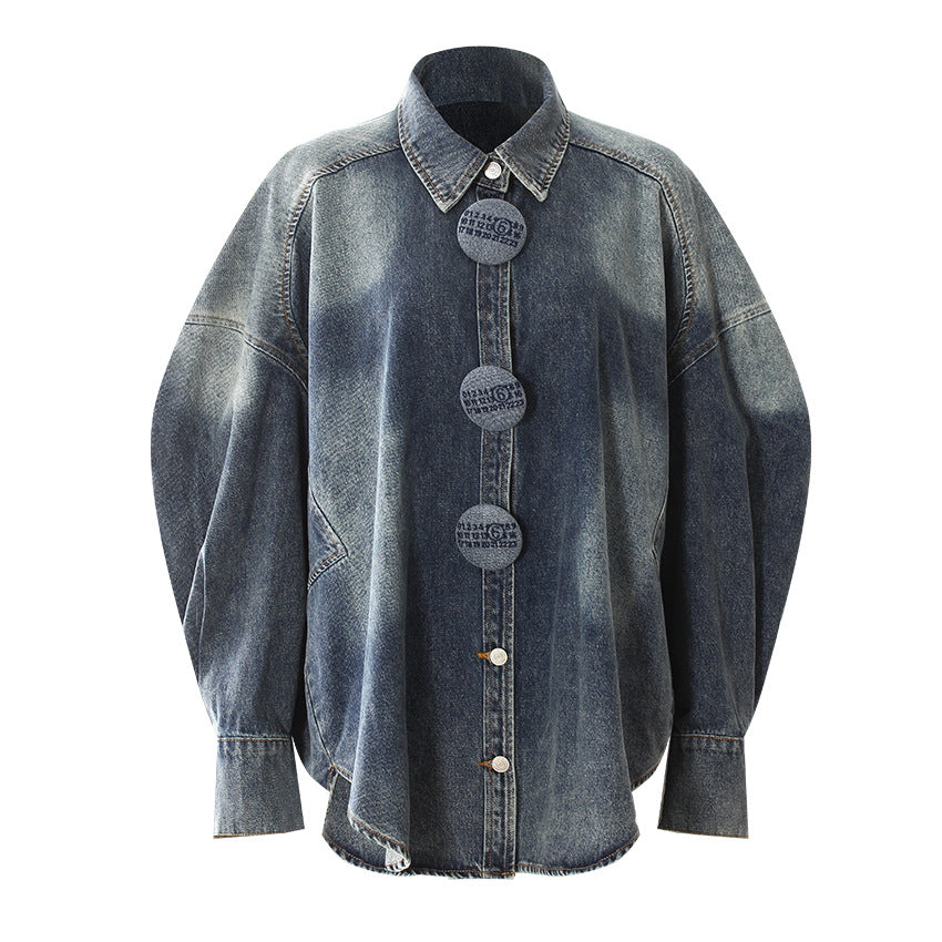oversized denim shirt with statement round buttons – LEXA