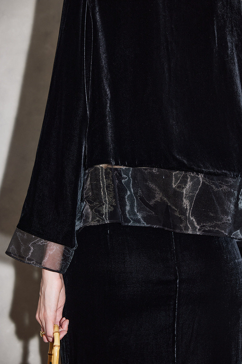 velvet button-front jacket with sheer lace hem – SUMMR