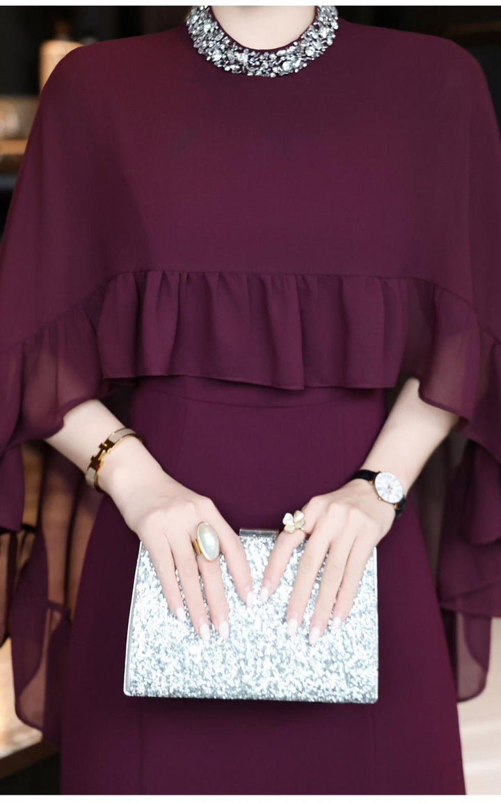 black cape-overlay gown with ruffled chiffon tier – ELIORA