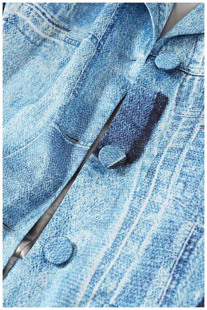 Denim blazer dress with tailored patchwork panels – AZURA