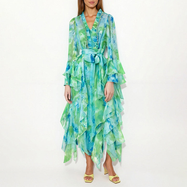 printed wrap dress with layered ruffle hem – SERENABU