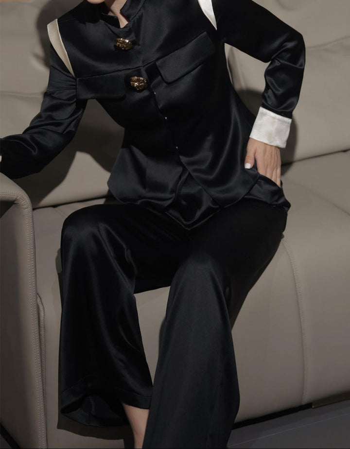 satin tailored suit with structured shoulders – AURELIA