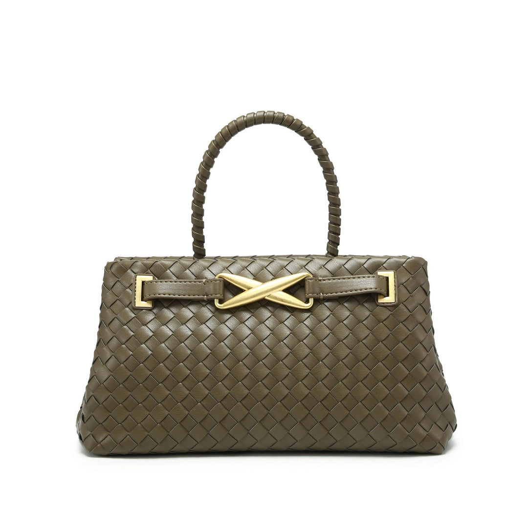 woven leather top-handle bag with gold X detail – AUREGIP