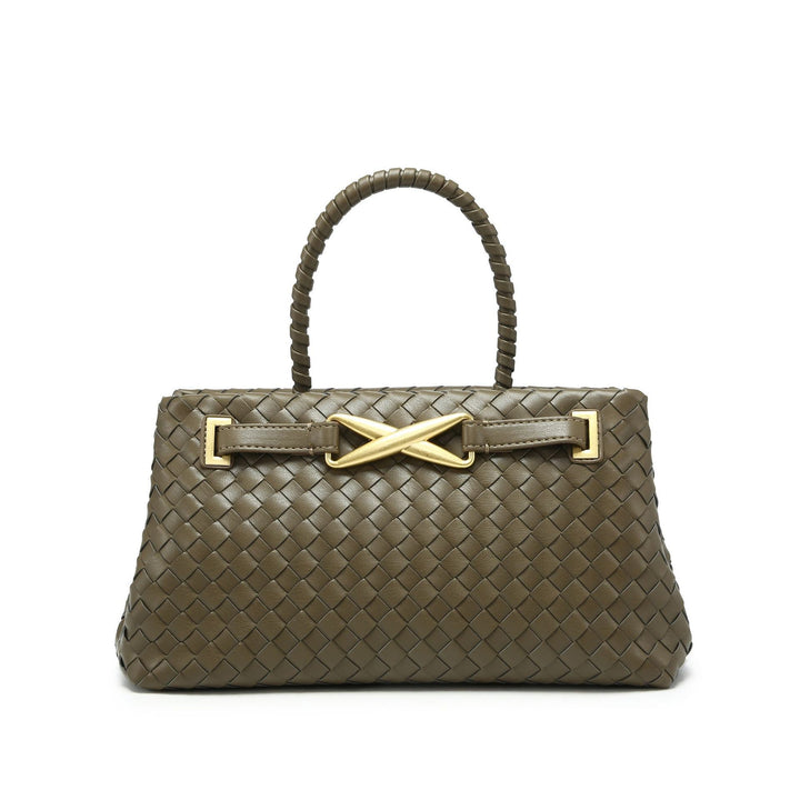 woven leather top-handle bag with gold X detail – AUREGIP