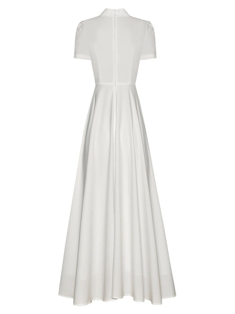 短袖立领连衣裙，饰有竹子刺绣 - MEI 