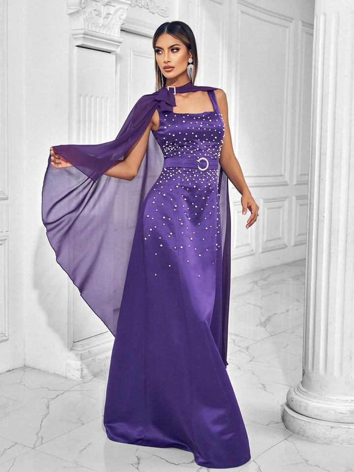 sleeveless gown with pearl embellishments and cape – VROLENTA