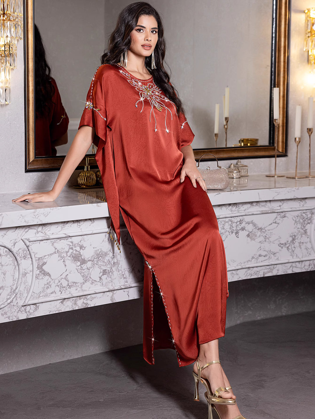 short-sleeve satin dress with embellished neckline - ZARAZLU