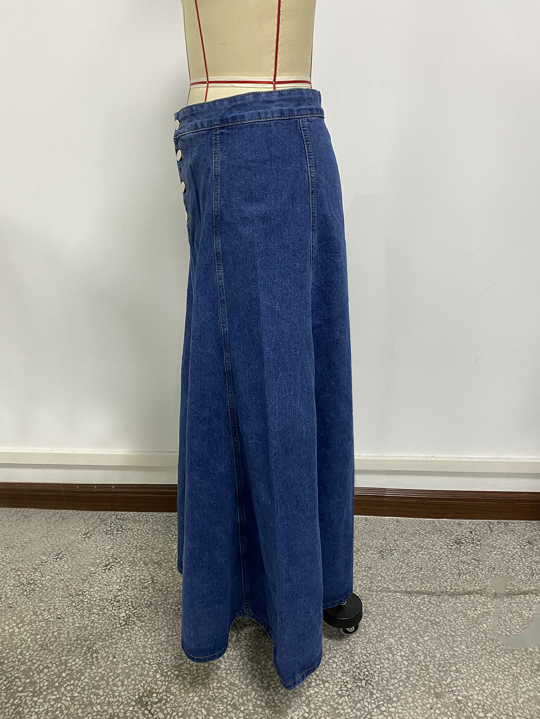 high-waist flared denim maxi skirt with front buttons – MAYA