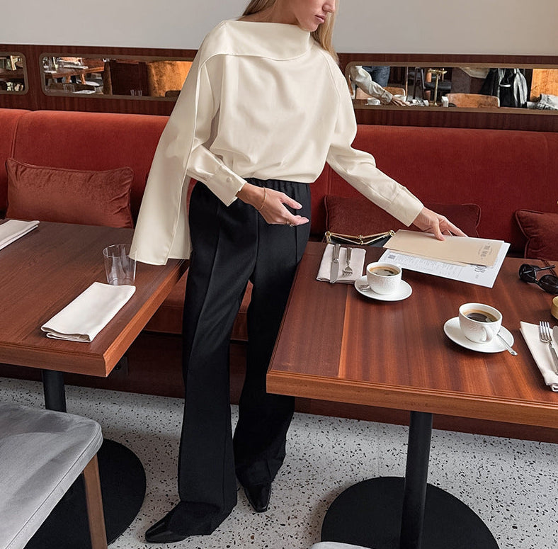 high-neck cape-sleeve satin blouse – SERENE