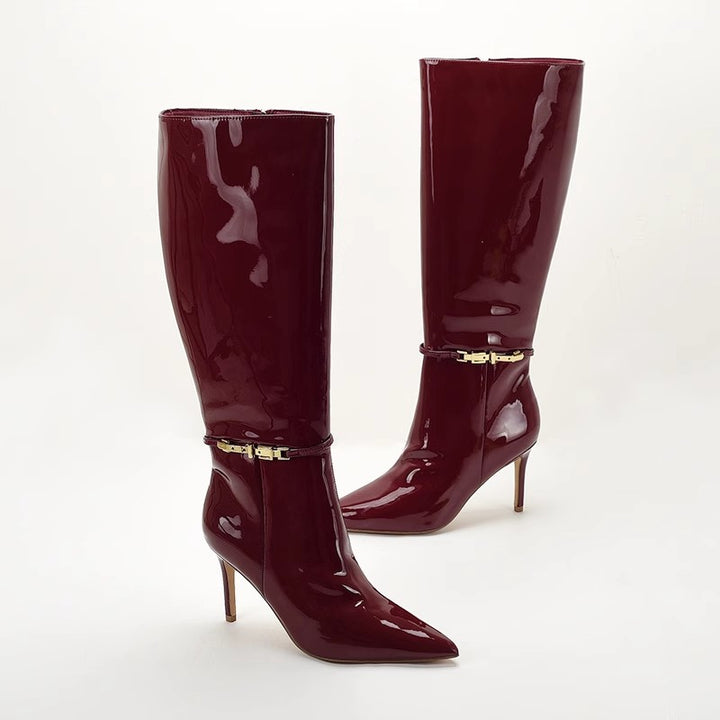 patent leather knee-high boots with gold buckle – VERA