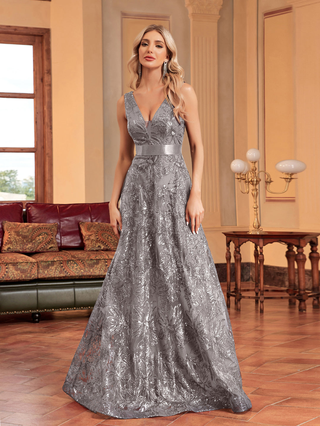 sleeveless V-neck sequin gown with satin waistband – CELESTE