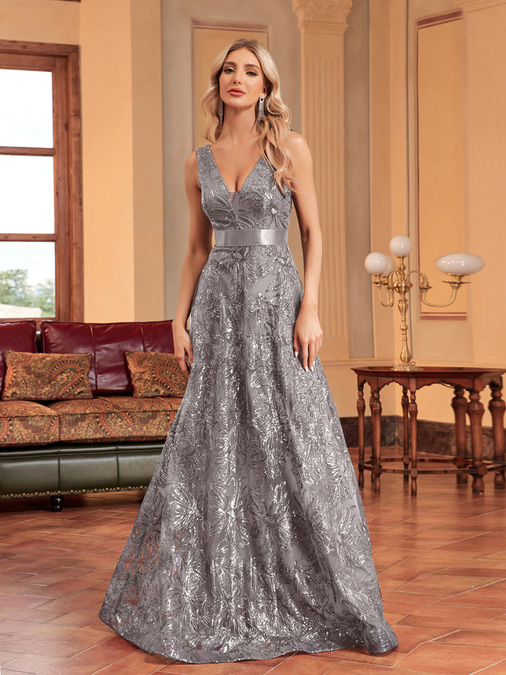 sleeveless V-neck sequin gown with satin waistband – CELESTE