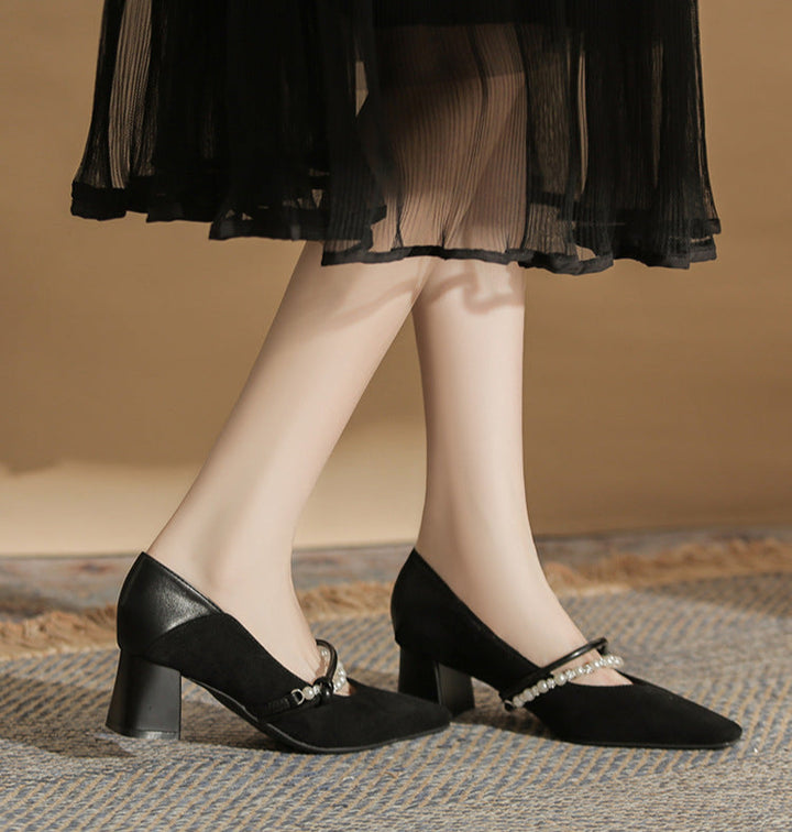 block heel pumps with pearl strap detail – NERINANDA