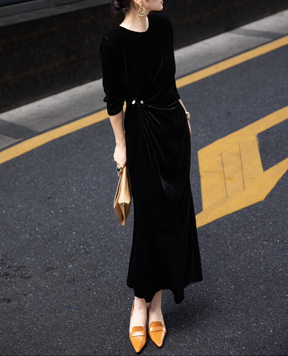 velvet draped column dress with side twist – MIDNIGHT