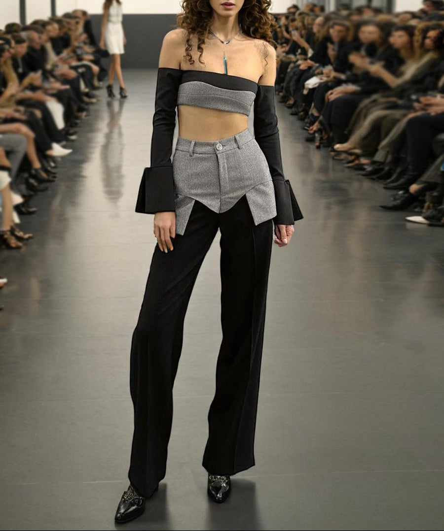 طقم مكون من بلوزة قصيرة مكشوفة الكتفين وبنطلون مُفصل متعدد الطبقات – نوار إيدج