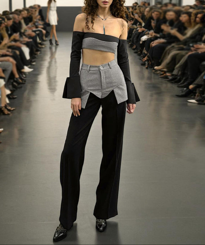 طقم مكون من بلوزة قصيرة مكشوفة الكتفين وبنطلون مُفصل متعدد الطبقات – نوار إيدج