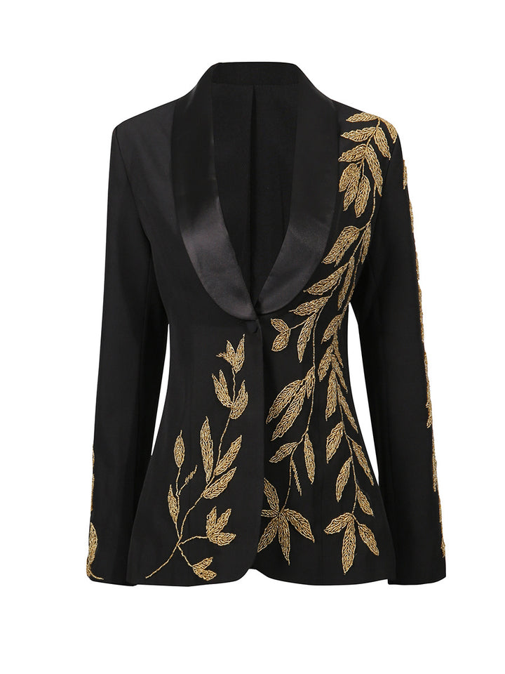 embellished satin-lapel blazer with gold leaf embroidery – AURELIA