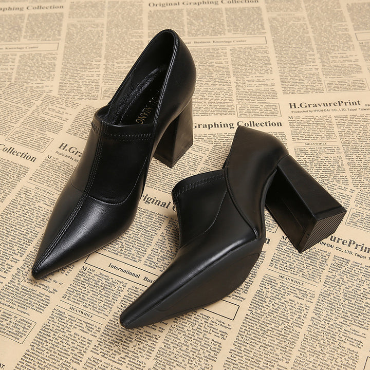 pointed toe block heel pumps with clean stitch detail – VERAZKI