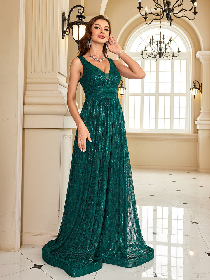 sleeveless glitter gown with pleated waist – EMEURA
