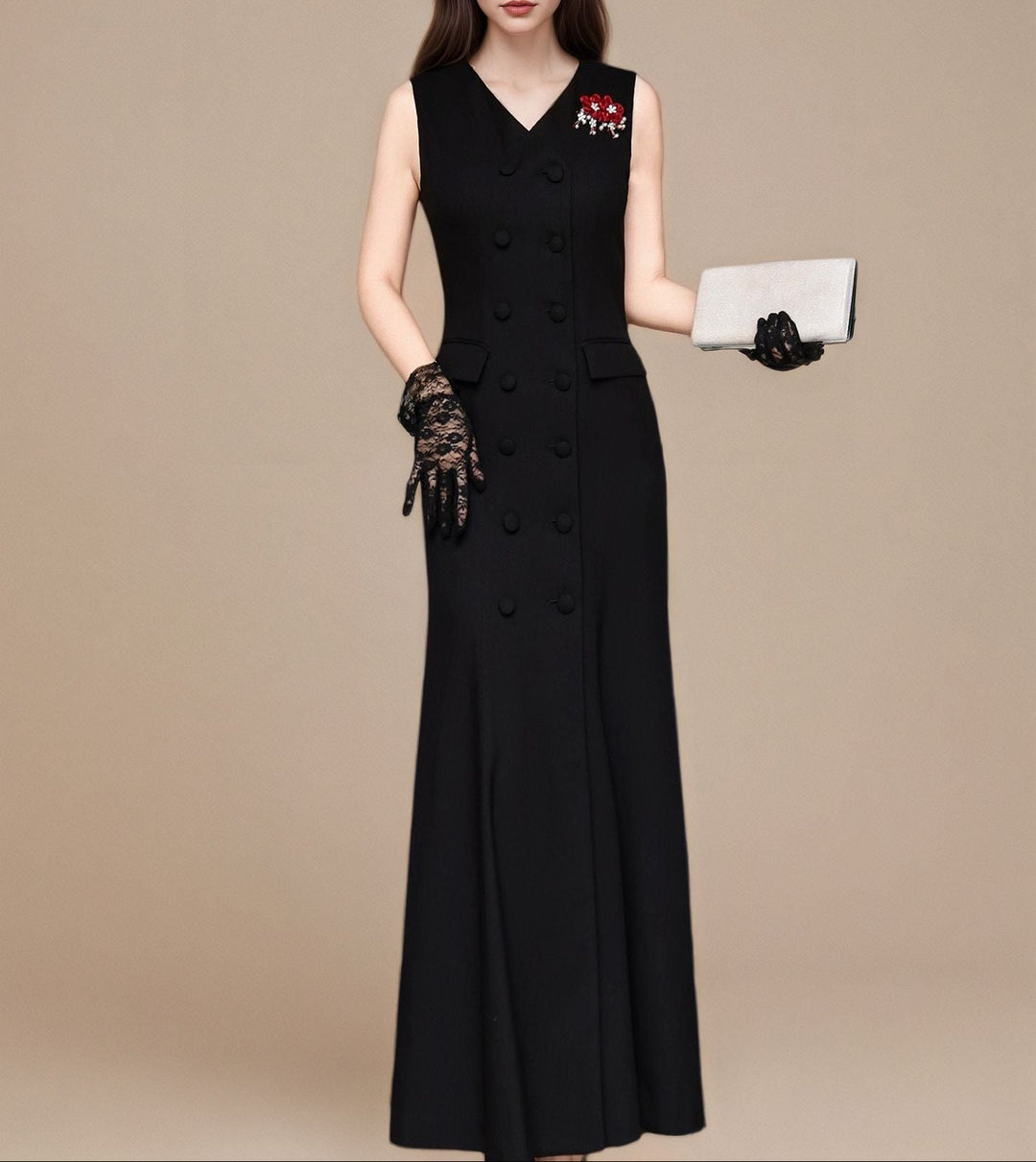 sleeveless double-breasted gown with floral brooch – NOIRÉ