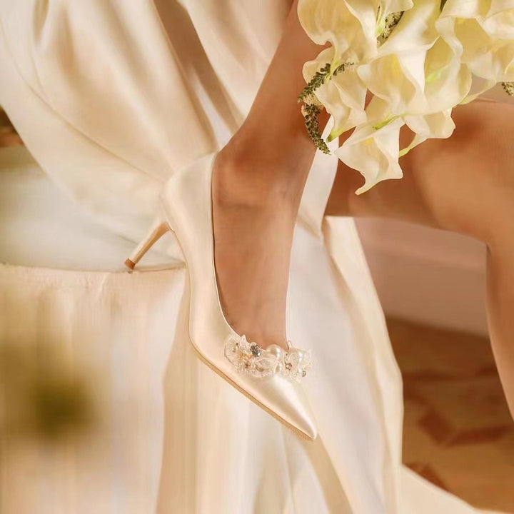 pearl-embellished satin pointed heels – CELINEZIK