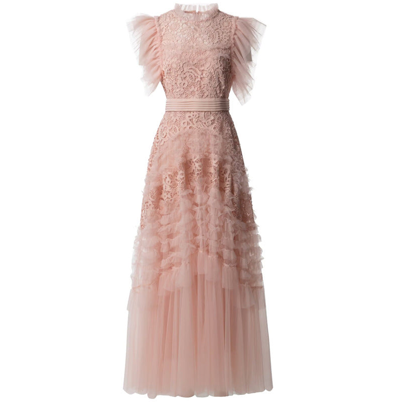 فستان دانتيل مكشكش بأكمام من التول المطوي – أميلي