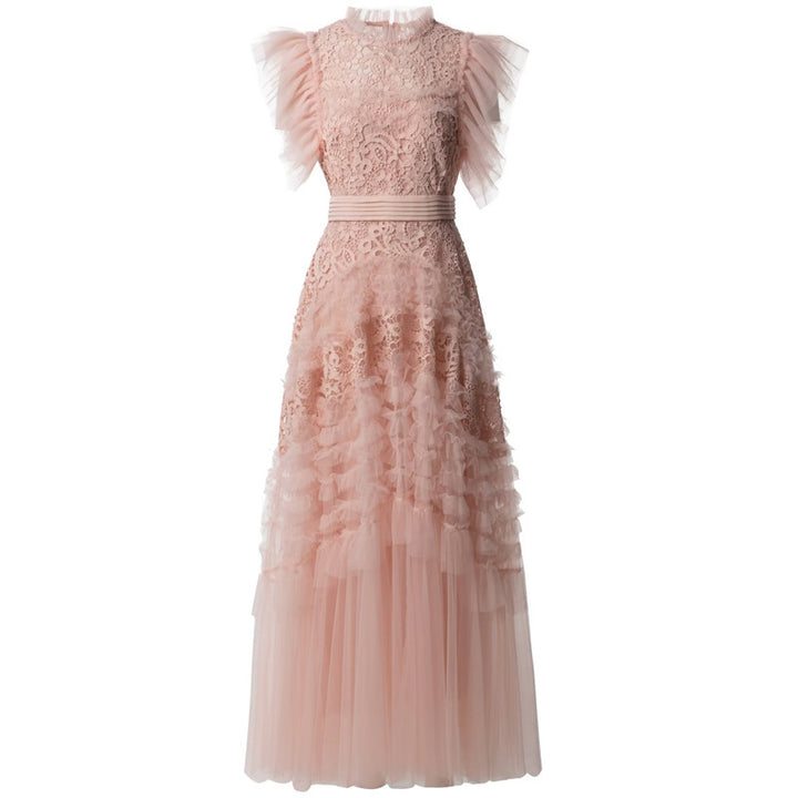 فستان دانتيل مكشكش بأكمام من التول المطوي – أميلي