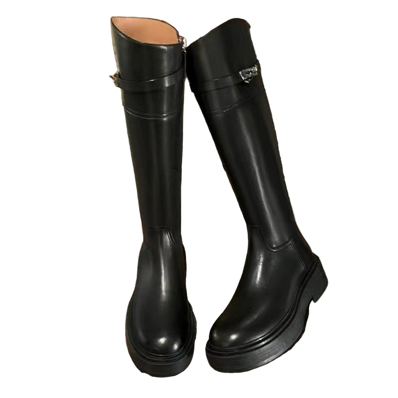 Two-tone knee-high leather boots with side buckle - ALORAZO
